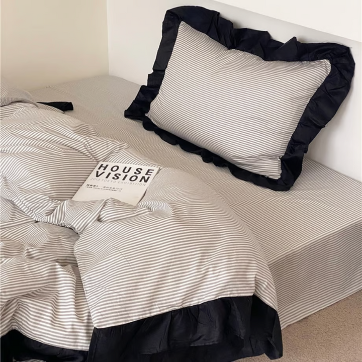 Grey Stripe Black Ruffle Cotton Duvet Cover Set 