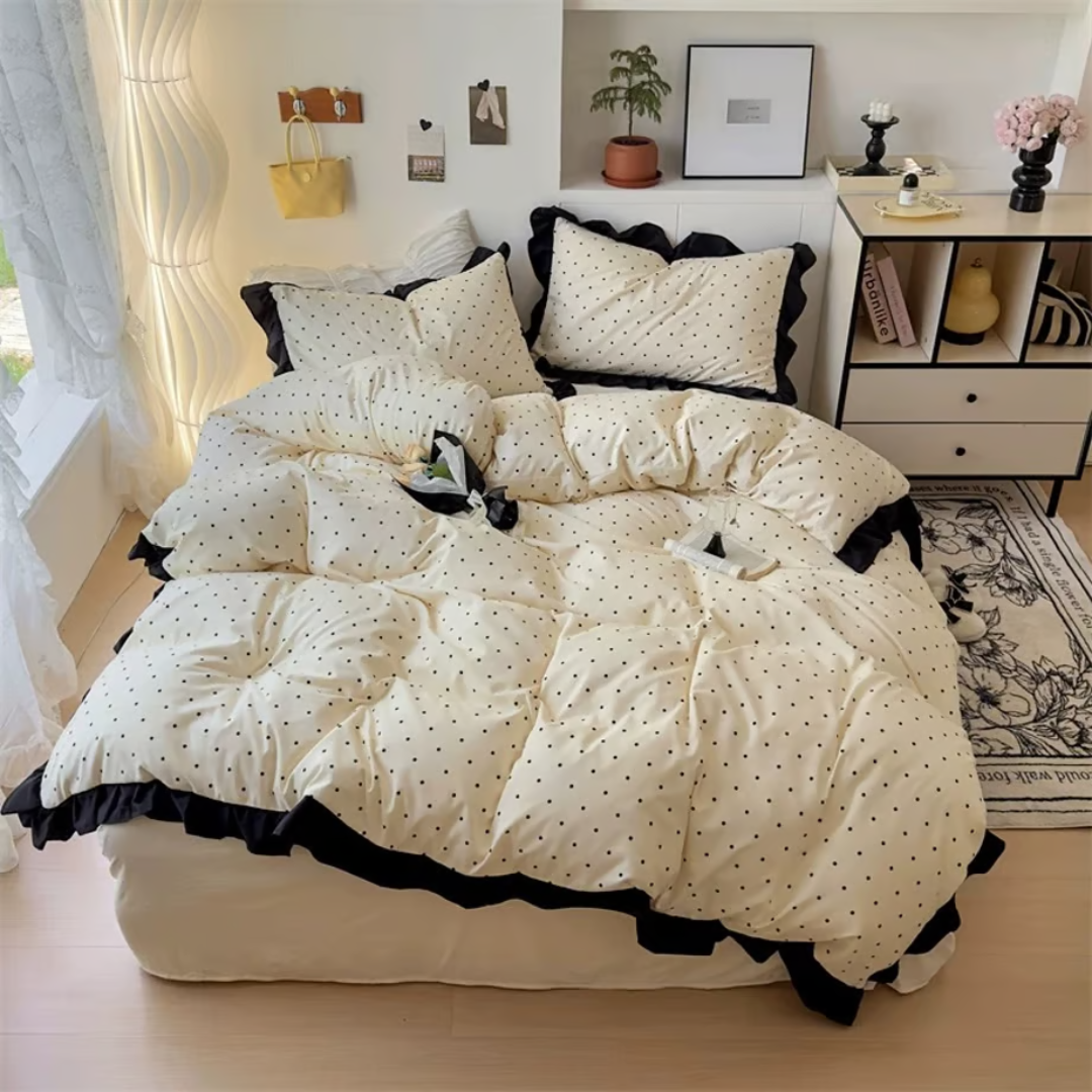 Black Dot Ruffle Duvet Cover Set 