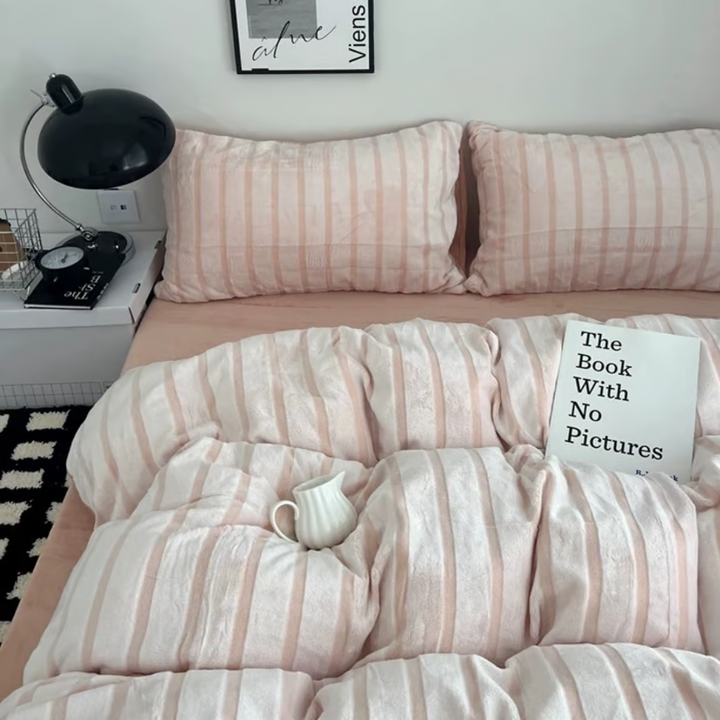 Pink striped fluffy flannel duvet cover set 