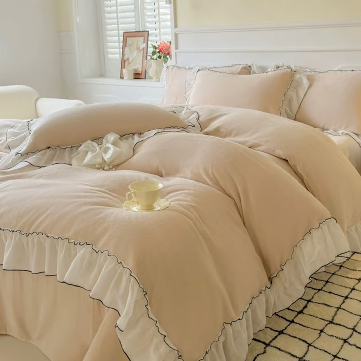 Ruffle Lace Milk Velvet Duvet Cover Set 