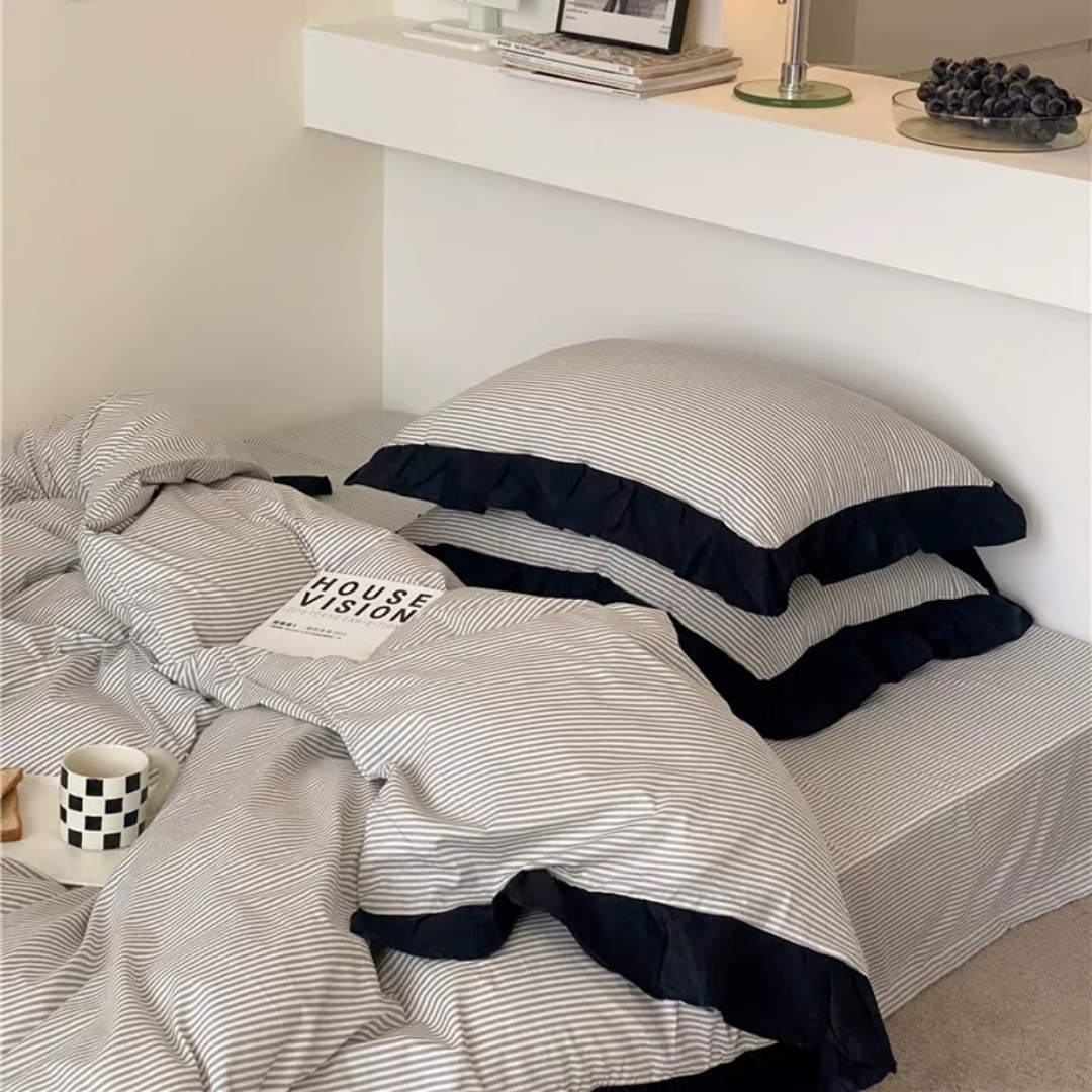 Grey Stripe Black Ruffle Cotton Duvet Cover Set 