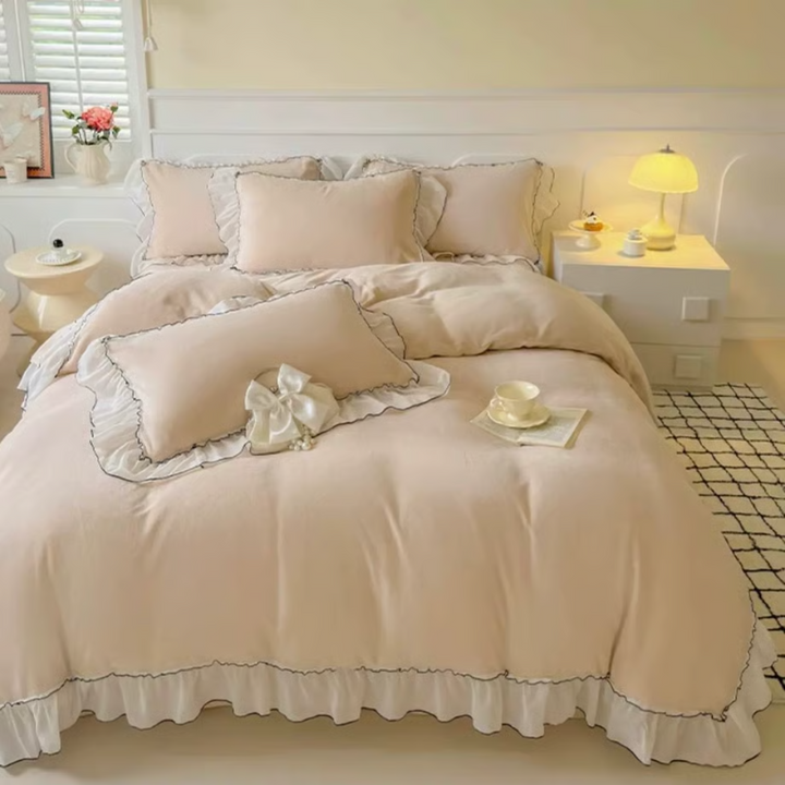 Ruffle Lace Milk Velvet Duvet Cover Set 