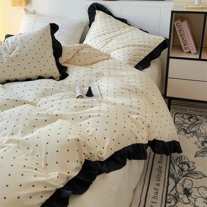 Black Dot Ruffle Duvet Cover Set 