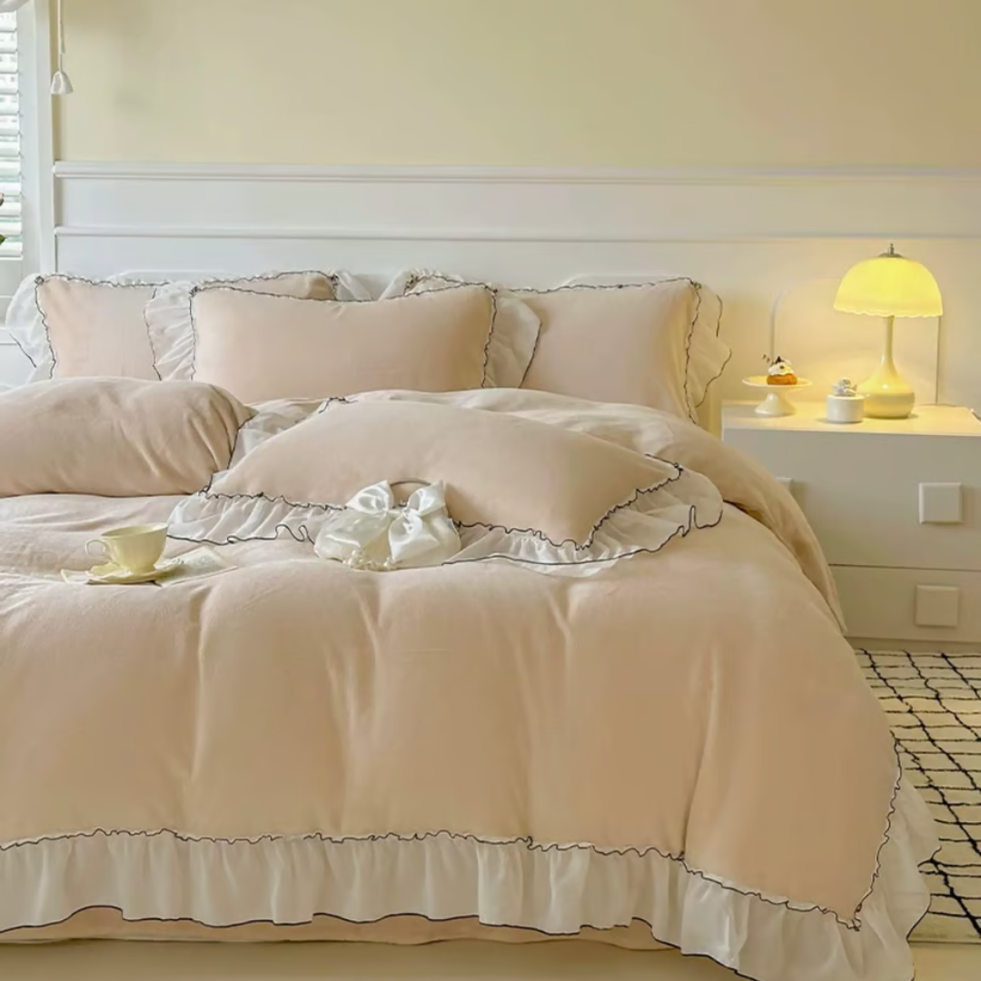 Ruffle Lace Milk Velvet Duvet Cover Set 