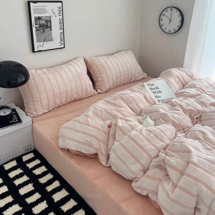 Pink striped fluffy flannel duvet cover set 