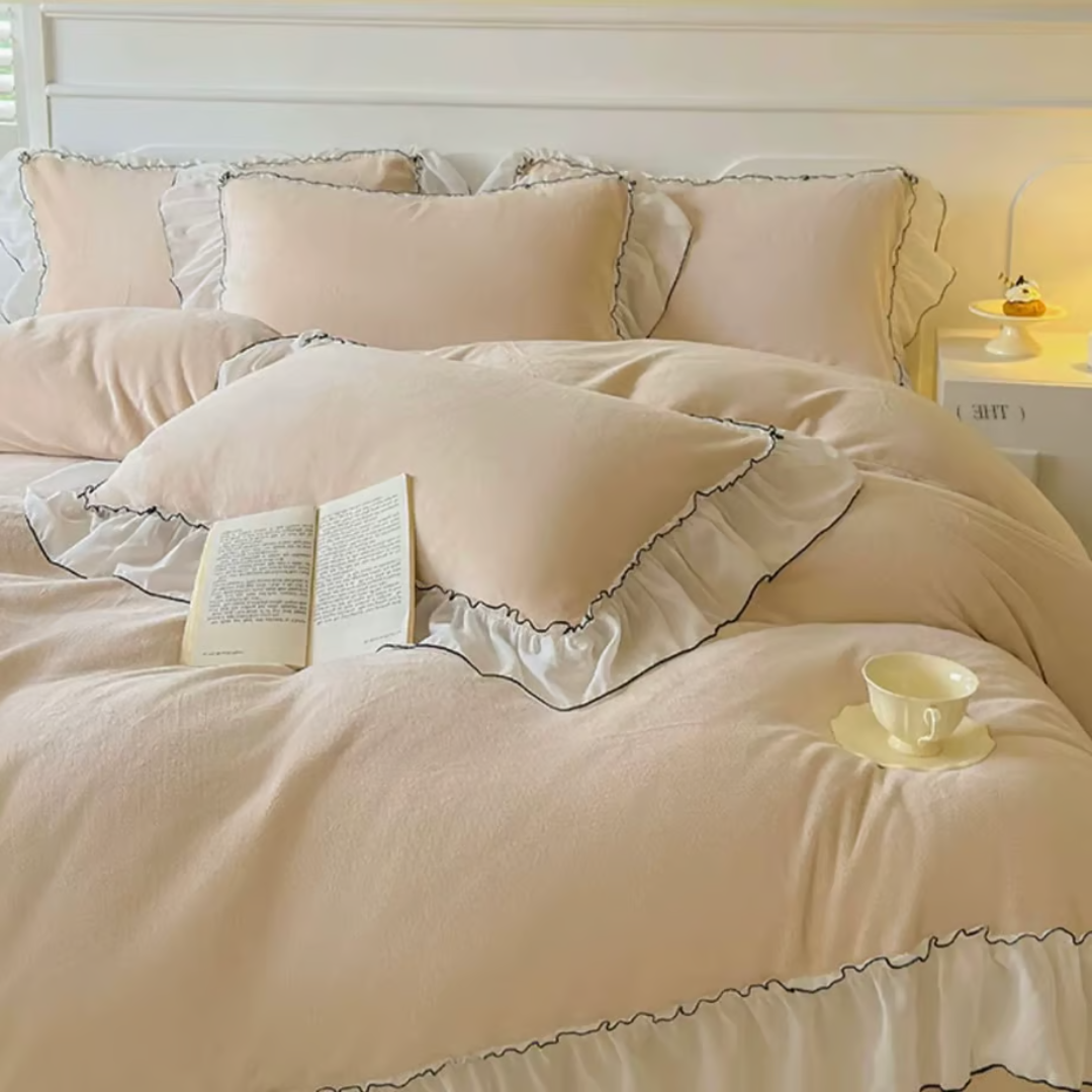 Ruffle Lace Milk Velvet Duvet Cover Set 