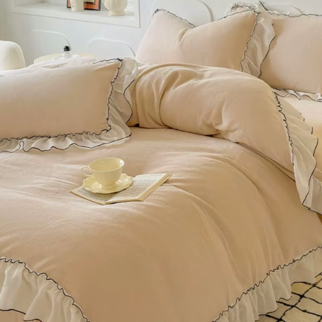 Ruffle Lace Milk Velvet Duvet Cover Set 