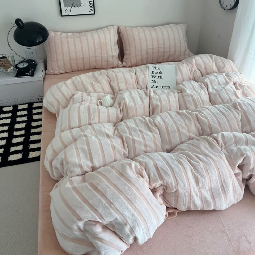 Pink striped fluffy flannel duvet cover set 