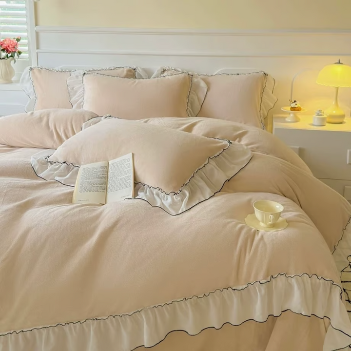 Ruffle Lace Milk Velvet Duvet Cover Set 