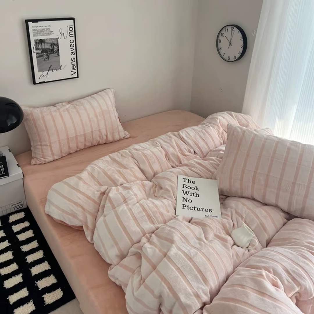 Pink striped fluffy flannel duvet cover set 