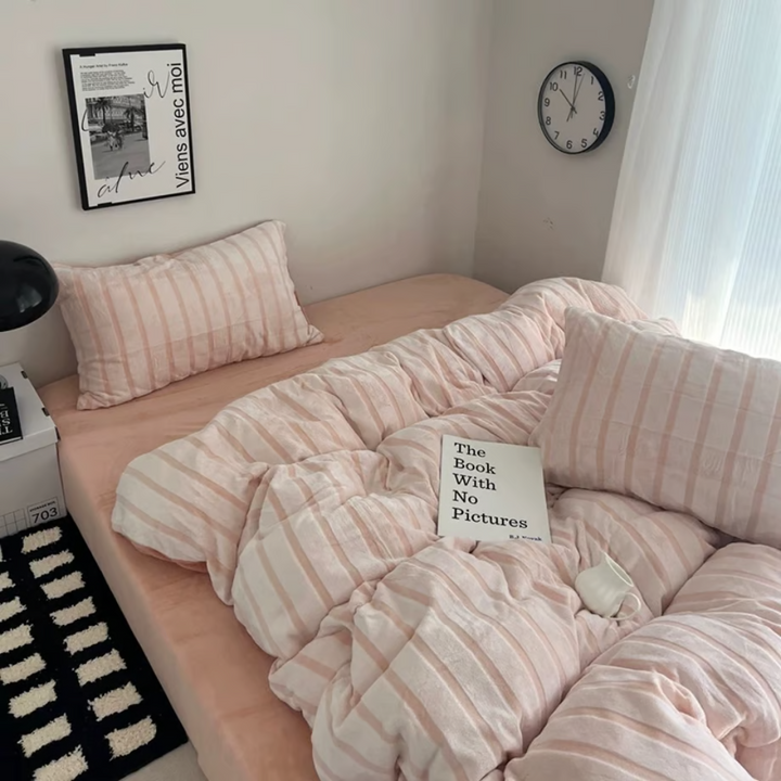 Pink striped fluffy flannel duvet cover set 