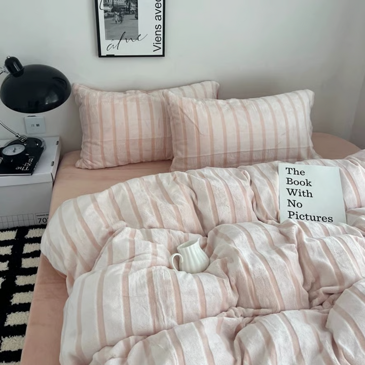 Pink striped fluffy flannel duvet cover set 