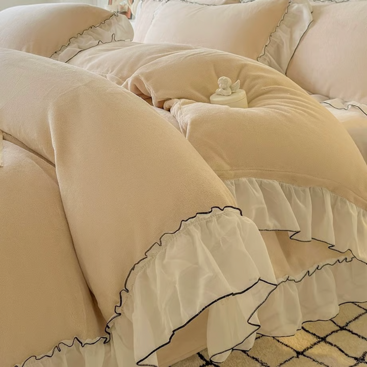 Ruffle Lace Milk Velvet Duvet Cover Set 