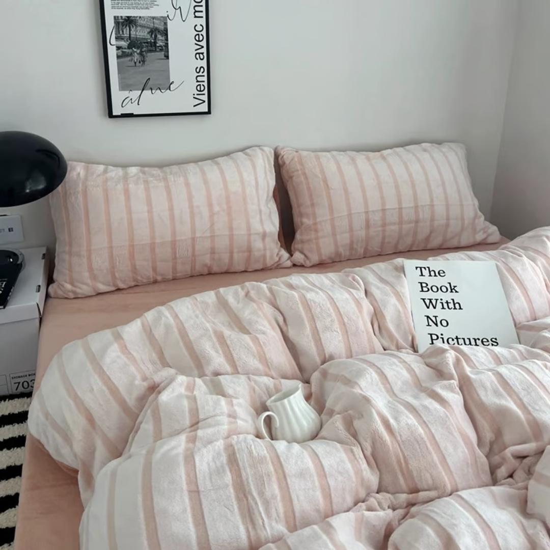 Pink striped fluffy flannel duvet cover set 