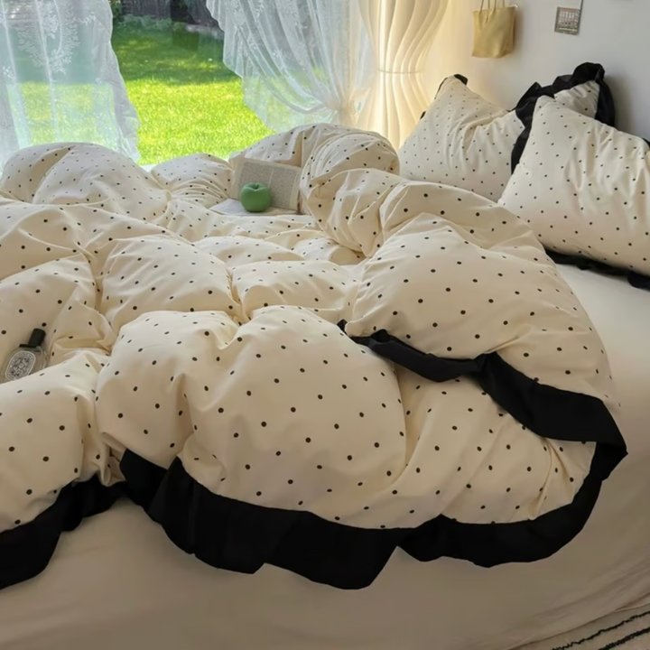 Black Dot Ruffle Duvet Cover Set 